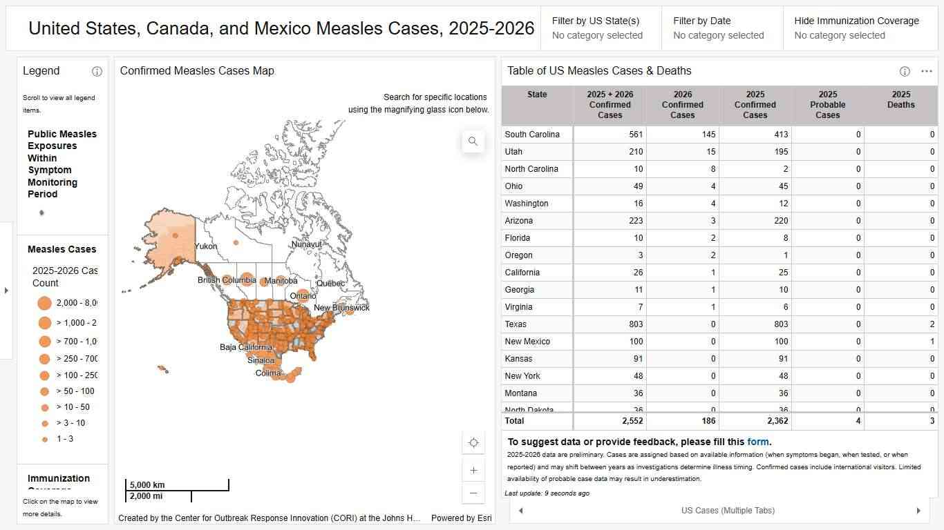 2025-2026 US Measles Map